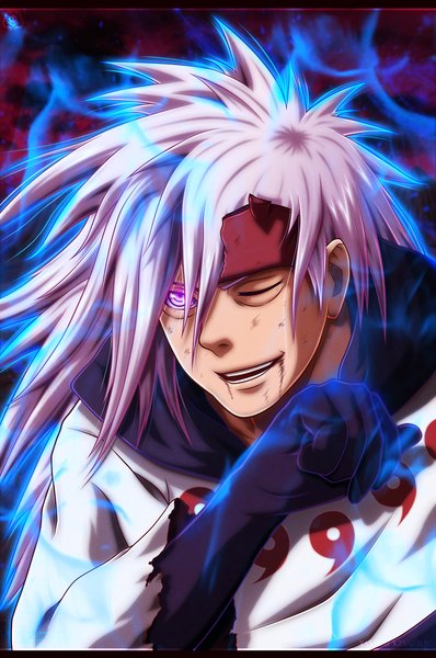 Anime picture 1280x1928 with naruto studio pierrot naruto (series) uchiha madara naruto999-by-roker single long hair tall image open mouth smile white hair traditional clothes japanese clothes pink eyes coloring torn clothes magic portrait rinnegan boy