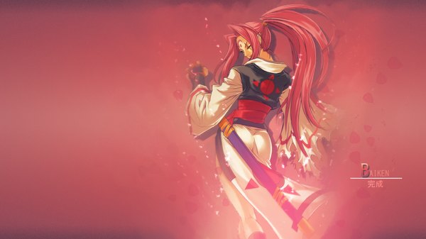 Anime picture 1920x1080 with guilty gear baiken single long hair highres blue eyes simple background wide image ponytail red hair traditional clothes head tilt japanese clothes one eye closed wink from behind wide sleeves wallpaper character names facial mark