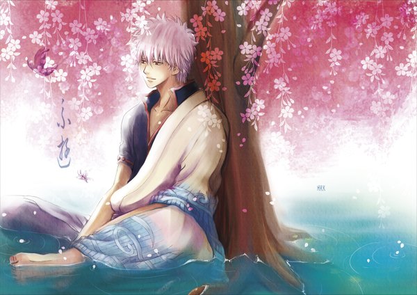 Anime picture 1538x1088 with gintama sunrise (studio) sakata gintoki hrk (pixiv 3042528) single short hair red eyes sitting signed pink hair barefoot cherry blossoms boy flower (flowers) plant (plants) petals tree (trees) water