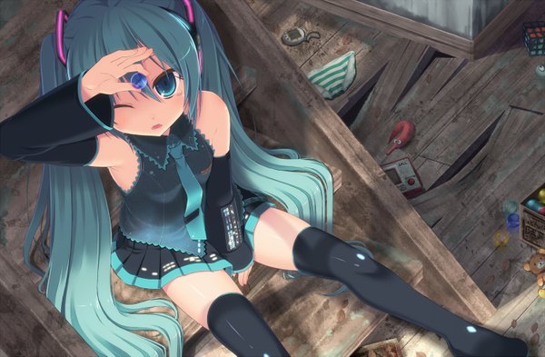 Anime picture 1500x983 with vocaloid hatsune miku amamiya minato single long hair light erotic sitting twintails one eye closed aqua eyes wink aqua hair girl thighhighs underwear panties necktie thigh boots striped panties
