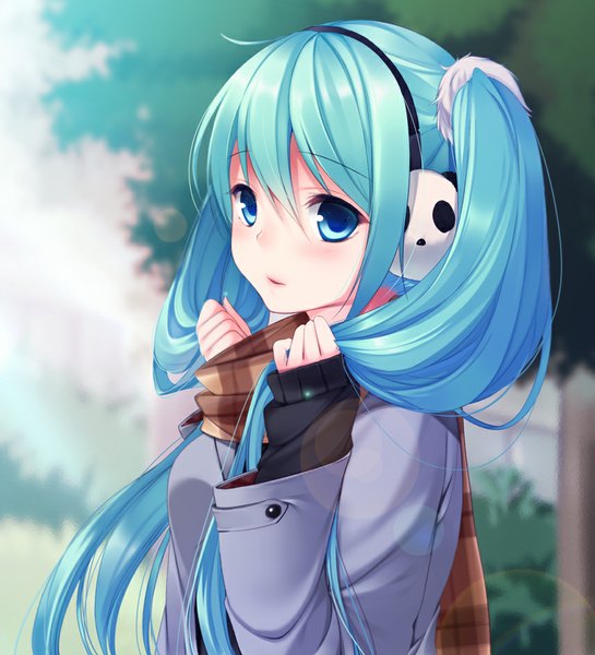 Anime picture 858x944 with vocaloid hatsune miku itou nanami single long hair tall image blush open mouth twintails aqua eyes sunlight aqua hair girl plant (plants) tree (trees) jacket scarf fur sweater winter clothes