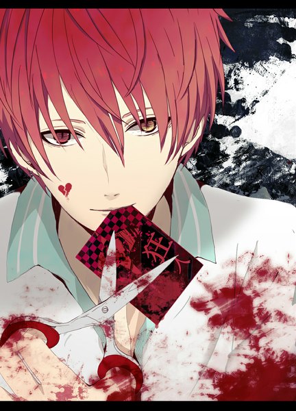 Anime picture 826x1148 with kuroko no basket production i.g akashi seijuurou tall image fringe short hair red eyes holding yellow eyes red hair heterochromia mouth hold close-up face paint boy shirt blood card (cards) scissors