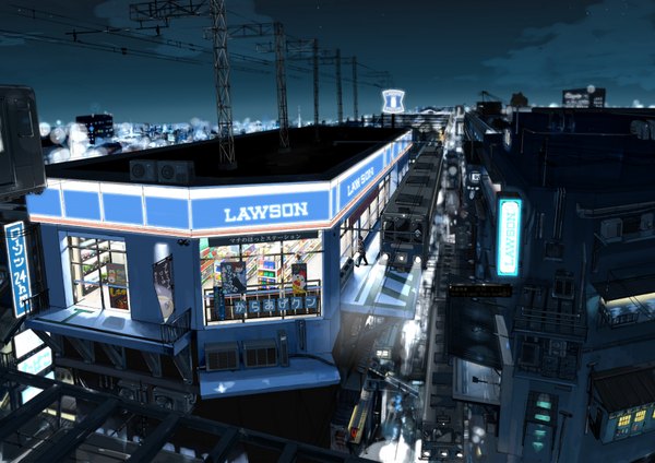 Anime picture 3508x2480 with original lawson kuronokuro highres absurdres cloud (clouds) inscription night night sky city cityscape street house power lines train traffic lights shop