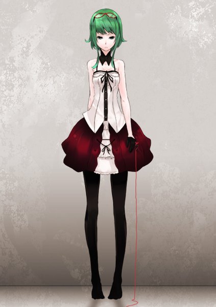 Anime picture 847x1200 with vocaloid uso to diamond (vocaloid) gumi mille (dieci) single tall image looking at viewer fringe short hair simple background standing bare shoulders green eyes green hair sleeveless girl skirt gloves pantyhose black gloves