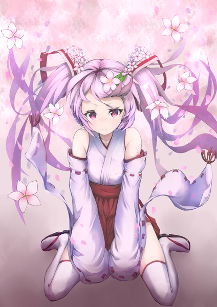 Anime picture 1012x1432 with vocaloid hatsune miku sakura miku kuronosu (yamada1230) single long hair tall image looking at viewer red eyes bare shoulders purple hair traditional clothes japanese clothes hair flower girl thighhighs hair ornament flower (flowers) detached sleeves white thighhighs