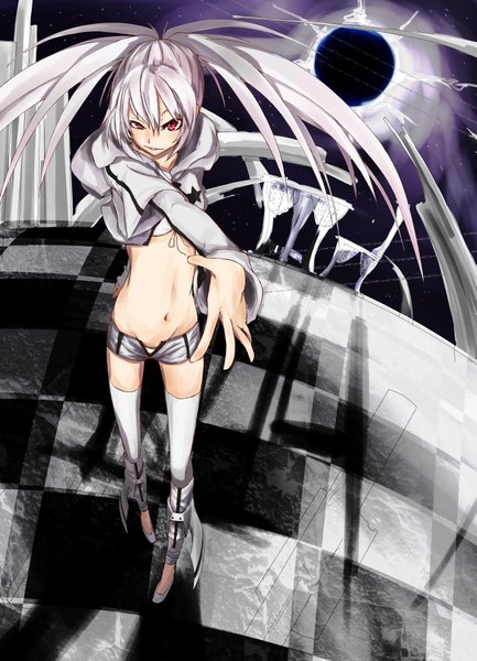 Anime picture 2813x3896 with black rock shooter white rock shooter fu-ta single long hair tall image looking at viewer highres red eyes twintails white hair arm up from above open clothes open jacket midriff outstretched arm checkered floor girl thighhighs