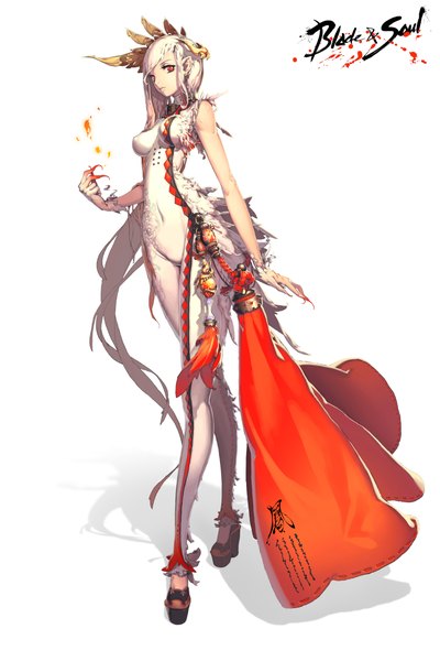 Anime picture 3000x4500 with blade & soul kim hyung tae single long hair tall image looking at viewer highres light erotic simple background red eyes standing white background signed white hair very long hair fingernails pointy ears covered navel long fingernails girl