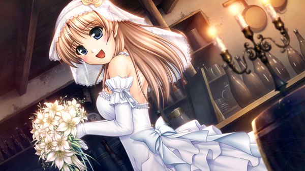 Anime picture 1280x720 with aiyoku no eustia fione silvaria long hair blush open mouth blue eyes brown hair wide image game cg girl dress wedding dress