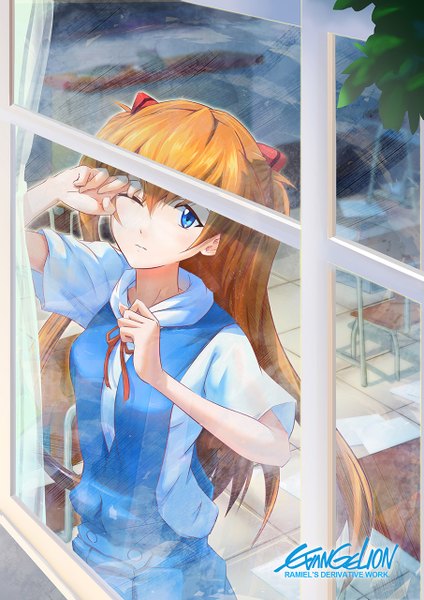 Anime picture 905x1280 with neon genesis evangelion gainax soryu asuka langley ramiel (artist) single long hair tall image looking at viewer fringe breasts blue eyes hair between eyes standing signed pleated skirt one eye closed blurry orange hair arms up short sleeves