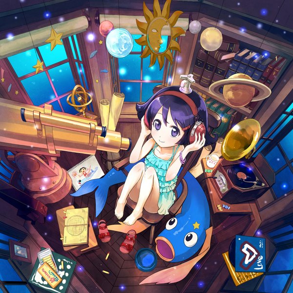 Anime picture 1500x1500 with original shiitake urimo single looking at viewer short hair purple eyes purple hair bare legs sparkle text coloring hand on head crescent music girl dress animal window headphones star (symbol)
