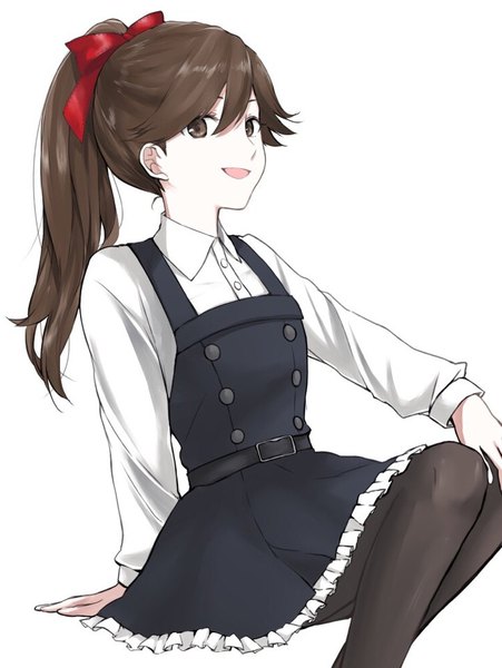 Anime picture 721x960 with kantai collection arashio destroyer morinaga (harumori) single long hair tall image looking at viewer fringe open mouth simple background hair between eyes brown hair white background sitting brown eyes ponytail :d arm support alternate hairstyle hand on knee