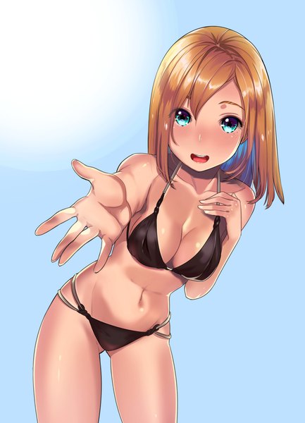 Anime picture 1280x1771 with original kagematsuri single long hair tall image looking at viewer blush breasts open mouth light erotic simple background brown hair cleavage aqua eyes ass visible through thighs outstretched hand girl navel swimsuit bikini