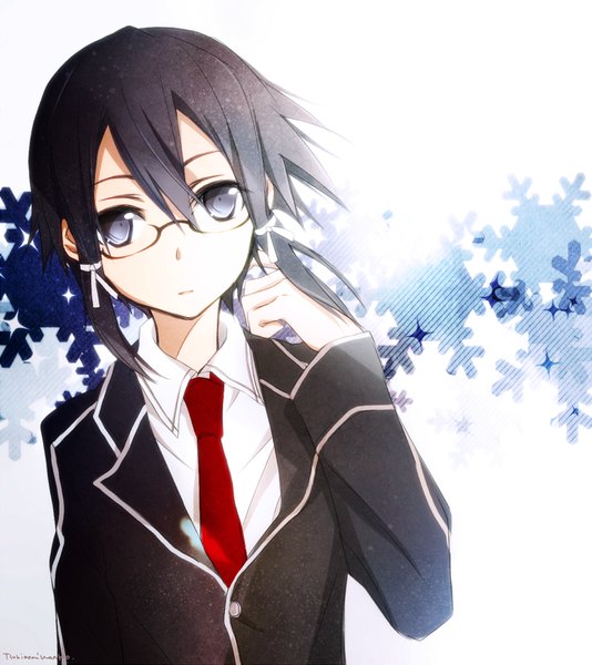 Anime picture 900x1011 with sword art online a-1 pictures asada shino tsukimori usako single tall image looking at viewer short hair black hair white background black eyes sparkle androgynous girl uniform school uniform glasses snowflake (snowflakes)