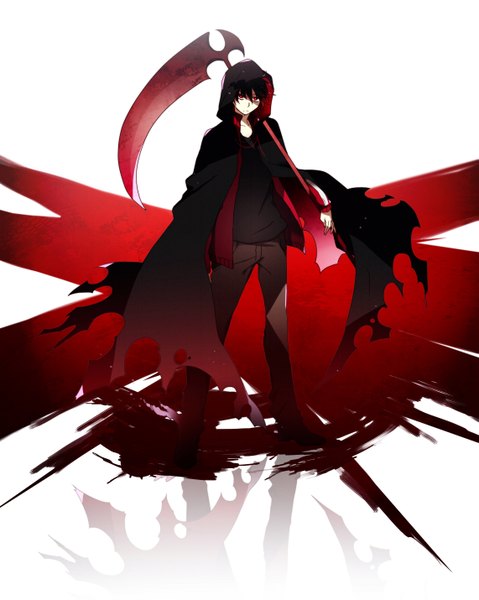 Anime picture 2282x2859 with kagerou project shaft (studio) kisaragi shintarou asahicho single tall image highres short hair black hair simple background red eyes standing white background boy weapon scarf hood blood scythe