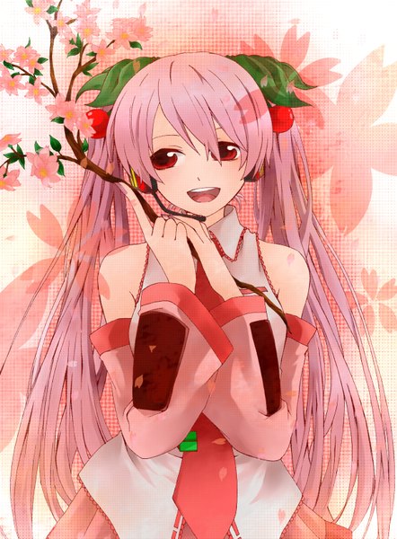 Anime picture 1200x1629 with vocaloid hatsune miku sakura miku kanna (chaos966) single long hair tall image open mouth red eyes twintails pink hair cherry blossoms girl detached sleeves branch
