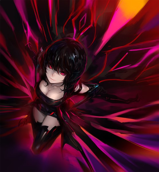 Anime picture 1388x1500 with original luen kulo single long hair tall image fringe breasts light erotic black hair smile hair between eyes red eyes large breasts cleavage from above spread arms flying girl gloves black gloves