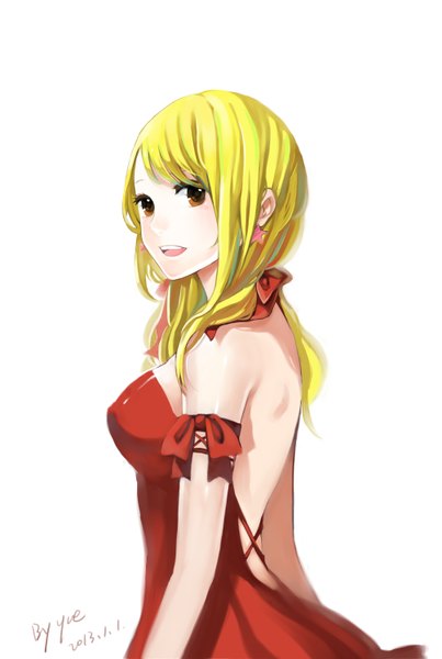 Anime picture 2011x2995 with fairy tail lucy heartfilia ji yue single long hair tall image looking at viewer highres open mouth simple background blonde hair smile white background brown eyes signed bare back girl dress earrings red dress