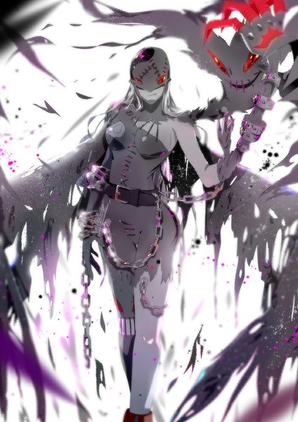 Anime picture 707x1000 with digimon digimon adventure ladydevimon winni long hair tall image breasts smile standing grey eyes torn clothes outstretched arm black wings girl gloves wings black gloves belt chain mask