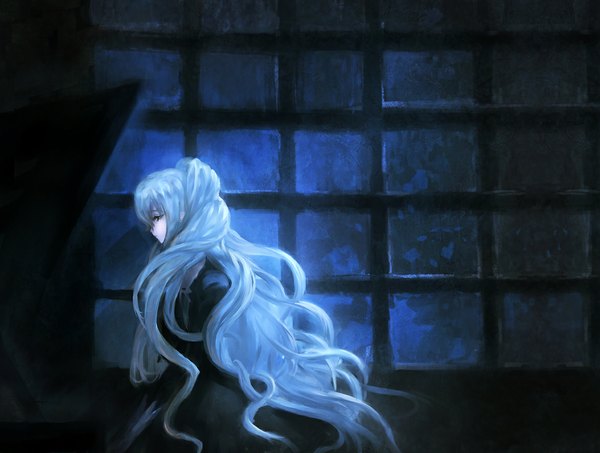 Anime picture 1173x886 with strawberry panic madhouse hanazono shizuma akn single long hair silver hair very long hair sad girl window piano