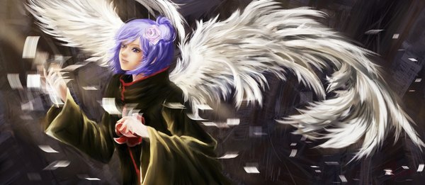 Anime picture 2000x870 with naruto studio pierrot naruto (series) konan rikamello single highres short hair wide image purple eyes purple hair hair flower light smile realistic magic akatsuki girl hair ornament wings cloak