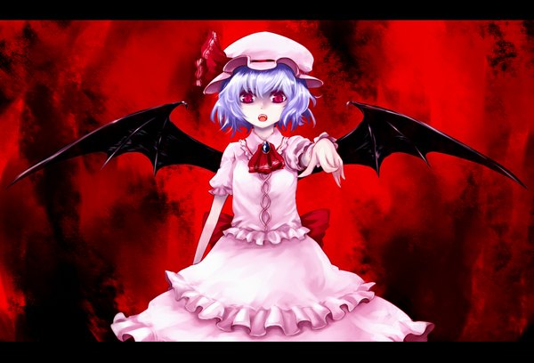 Anime picture 1000x680 with touhou remilia scarlet kuroino (artist) single looking at viewer short hair open mouth red eyes blue hair girl dress wings bonnet