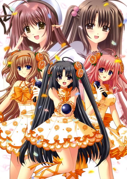Anime picture 2459x3475 with nishimata aoi long hair tall image highres open mouth blue eyes black hair brown hair purple eyes multiple girls absurdres red hair pointy ears girl dress petals microphone 5 girls