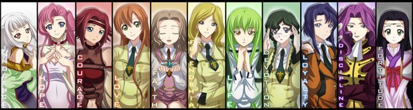 Anime picture 2872x768 with code geass sunrise (studio) c.c. kallen stadtfeld nunnally lamperouge euphemia li britannia shirley fenette cornelia li britannia milly ashford tianzi sumeragi kaguya nina einstein cecile croomy suihara long hair looking at viewer fringe highres short hair open mouth