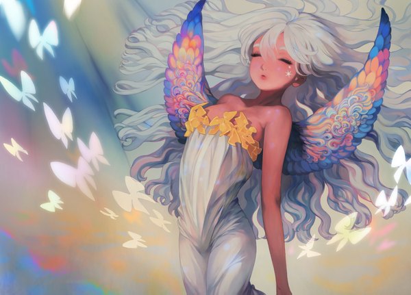 Anime picture 1500x1079 with original riqurr (pixiv) single long hair blush bare shoulders white hair eyes closed multicolored girl dress wings insect butterfly