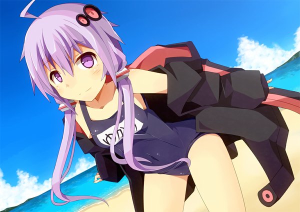 Anime picture 1062x752 with vocaloid yuzuki yukari yuki kasa (artist) long hair looking at viewer purple eyes twintails bare shoulders sky purple hair cloud (clouds) open clothes open jacket beach low twintails sand girl hair ornament swimsuit sea