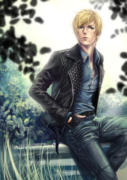 Anime picture 1000x1417 with reiberrycream single tall image short hair blonde hair sitting green eyes looking away bent knee (knees) open clothes open jacket piercing hand in pocket partially open clothes nature boy gloves plant (plants) shirt jacket