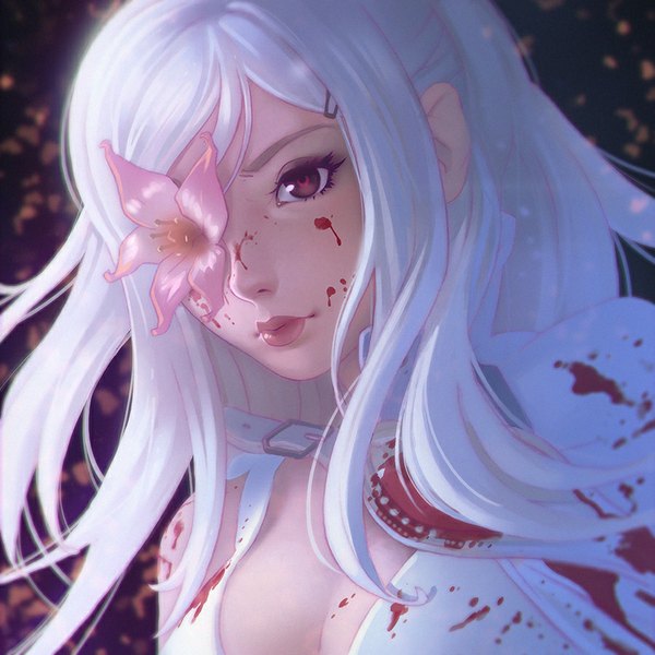 Anime picture 900x900 with drakengard drag-on dragoon 3 zero (drag-on dragoon) ilya kuvshinov single long hair looking at viewer fringe breasts red eyes large breasts cleavage white hair lips blurry realistic portrait dark background covering eye (eyes) flower over eye