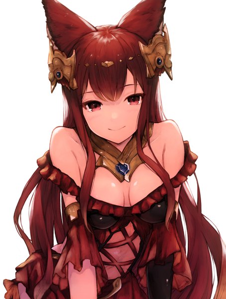Anime picture 1110x1466 with granblue fantasy anthuria koretsuki azuma single long hair tall image looking at viewer blush fringe breasts light erotic simple background smile hair between eyes red eyes white background bare shoulders animal ears payot cleavage