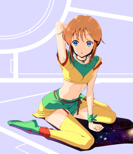 Anime picture 1200x1384 with mobile suit gundam gundam zz sunrise (studio) elpeo puru oku hideki single tall image short hair blue eyes brown hair sitting payot looking away full body arm support midriff wariza arm behind head purple background girl