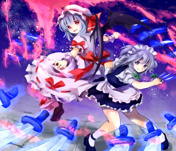 Anime picture 2000x1714 with touhou remilia scarlet izayoi sakuya makuwauri highres short hair blue eyes smile red eyes multiple girls blue hair braid (braids) maid twin braids bat wings girl dress bow 2 girls wings