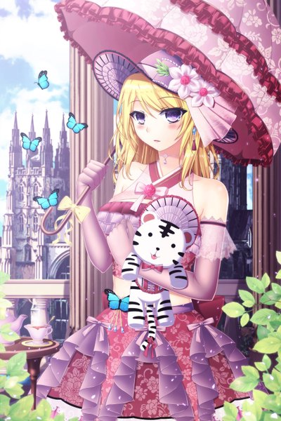 Anime picture 2000x3000 with sword girls toyokawa itsuki (p mayuhime) single long hair tall image looking at viewer blush highres blonde hair purple eyes girl dress gloves hat elbow gloves frills insect butterfly umbrella