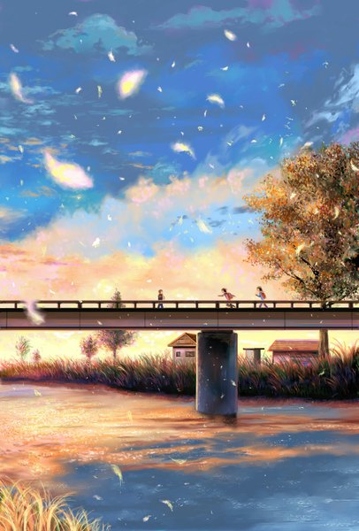 Anime picture 1301x1920 with original woiow1 tall image short hair brown hair sky cloud (clouds) wind sunlight running girl boy plant (plants) petals tree (trees) water building (buildings) grass child (children) backpack