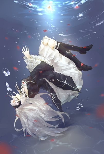 Anime picture 1181x1748 with rozen maiden suigintou scots (artist) single long hair tall image blush open mouth red eyes silver hair full body sunlight underwater girl dress hair ornament flower (flowers) water boots rose (roses)