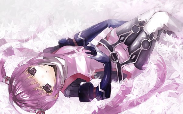 Anime picture 1200x750 with tales of graces sophie (tales) single long hair wide image twintails purple hair lying legs girl flower (flowers) bodysuit