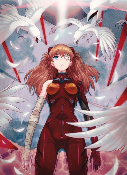 Anime picture 1454x2000 with neon genesis evangelion gainax soryu asuka langley 40hara single long hair tall image blue eyes lying orange hair on back looking up expressionless bandage over one eye girl animal water bird (birds) feather (feathers) bandage (bandages)