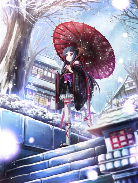 Anime picture 876x1166 with machine-doll wa kizutsukanai yaya (machine-doll) miazi single long hair tall image black hair standing purple eyes traditional clothes japanese clothes from below standing on one leg snowing winter snow girl thighhighs plant (plants) white thighhighs