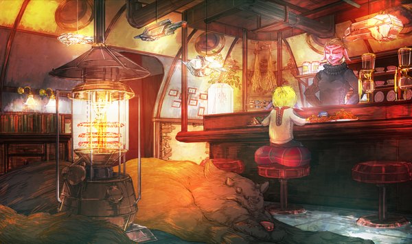 Anime picture 1256x744 with original nanc short hair blonde hair wide image animal ears indoors from behind animal food sweater lamp monster picture aircraft creature bar model