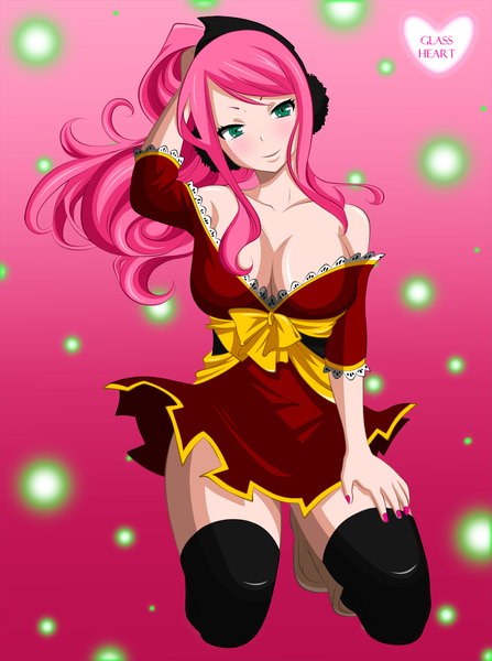 Anime picture 1000x1342 with fairy tail meredy (fairy tail) glassheart100 single long hair tall image blush breasts light erotic smile bare shoulders green eyes pink hair ponytail nail polish kneeling coloring adjusting hair girl thighhighs