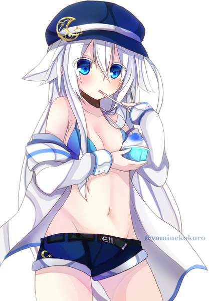 Anime picture 1063x1500 with original luna shuverutse yamine kuro single long hair tall image blush fringe breasts blue eyes light erotic simple background standing white background bare shoulders holding signed cleavage white hair open clothes