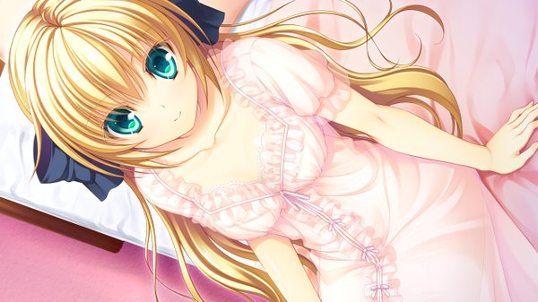 Anime picture 1280x720 with re:birth colony serruria celestite asami asami long hair blonde hair wide image green eyes game cg cleavage girl bed