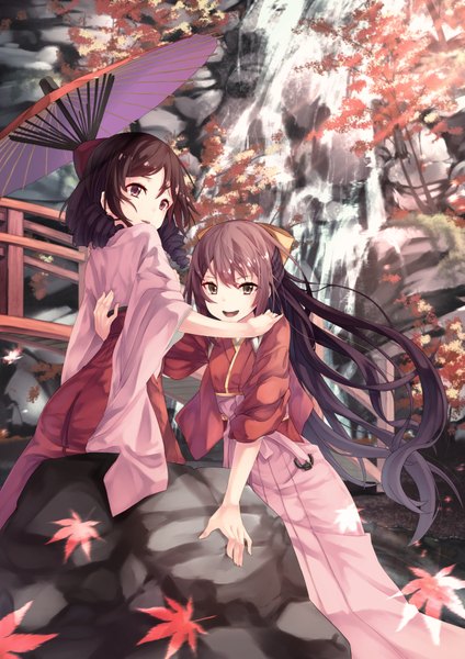 Anime picture 1271x1800 with kantai collection kamikaze destroyer harukaze destroyer saraki long hair tall image fringe short hair open mouth smile hair between eyes red eyes brown hair standing multiple girls holding brown eyes outdoors blunt bangs very long hair