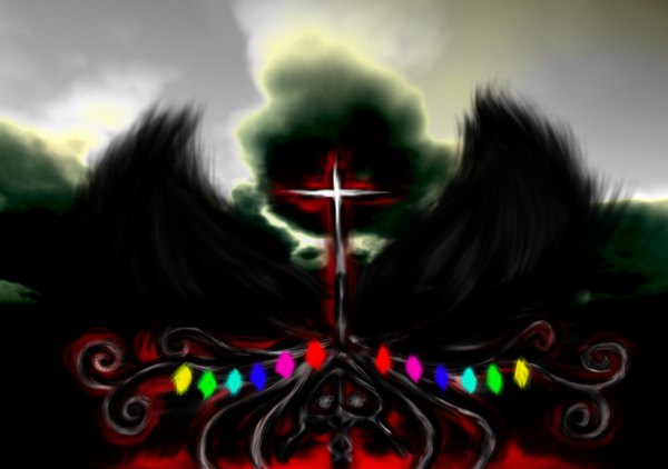 Anime picture 2953x2079 with touhou flandre scarlet remilia scarlet teihen no kimura highres sky cloud (clouds) outdoors sunlight black wings abstract wings cross