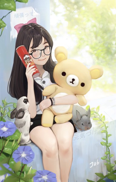 Anime picture 2731x4274 with real life san-x yali zhang rilakkuma jubi (regiana) single long hair tall image looking at viewer fringe highres smile brown hair sitting holding brown eyes signed bare legs girl flower (flowers)