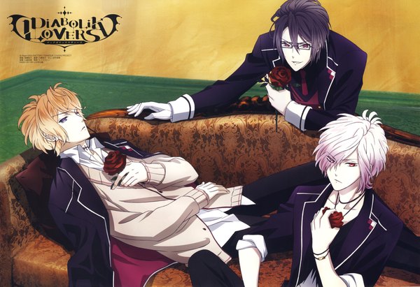 Anime picture 9175x6297 with diabolik lovers idea factory sakamaki shuu sakamaki subaru sakamaki reiji looking at viewer highres short hair blue eyes black hair blonde hair smile purple eyes absurdres white hair scan inscription multiple boys siblings vampire