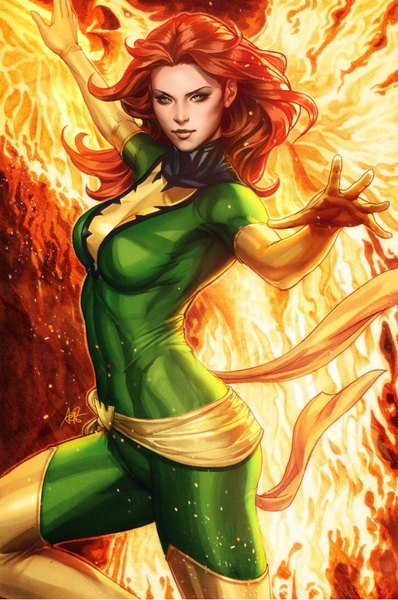 Anime picture 1242x1873 with x-men marvel comics jean grey phoenix (x-men) artgerm (stanley lau) single long hair tall image looking at viewer breasts standing green eyes orange hair realistic outstretched arm girl gloves elbow gloves boots thigh boots