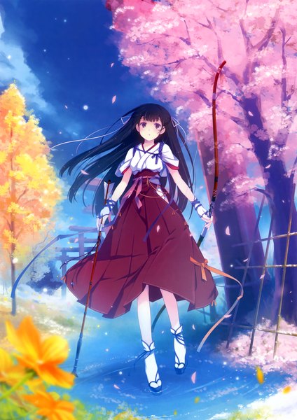 Anime picture 3249x4599 with original eshi 100-nin ten ruroo single long hair tall image highres black hair purple eyes absurdres traditional clothes cherry blossoms miko girl plant (plants) petals tree (trees) socks white socks bow (weapon)